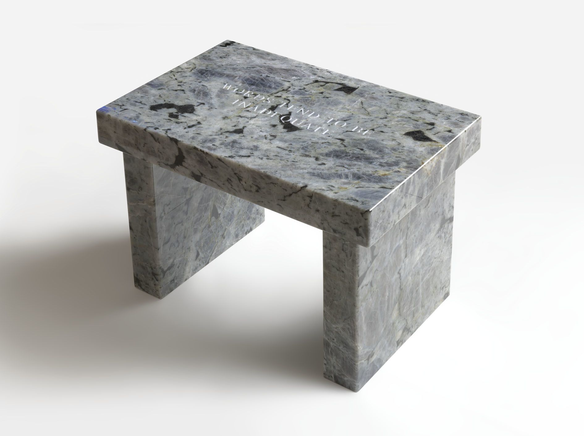 <p><b>Jenny Holzer<br />
</b><i>Selection from Truisms: Words tend to…</i>, 2020<br />
Text: Truisms (1977&ndash;79)<br />
White Labradorite footstool<br />
43.2 &times; 63.5 &times; 40.6 cm | 17 &times; 25 &times; 16 inches<br />
Edition of 6</p>
