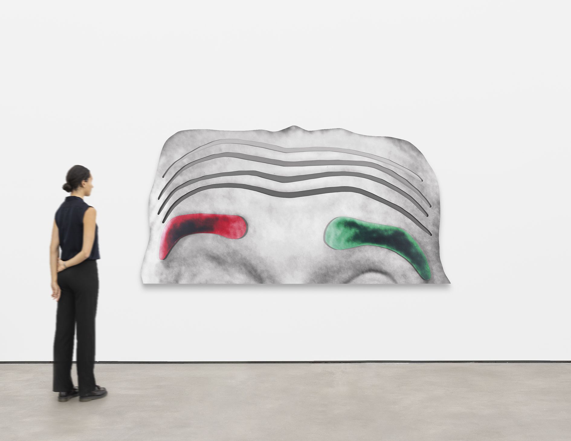 <p><b>John Baldessari<br />
</b><i>Raised Eyebrows/Furrowed Foreheads (Part One): (Red and Green Eyebrows)</i>, 2008<br />
Inkjet prints and acrylic paint on layered and shaped foam PVC board and polystyrene board (with custom-cut raised and incised elements)<br />
145.4 &times; 283.8 &times; 17.1 cm | 57 1/4 &times; 111 3/4 &times; 6 3/4 inches</p>
