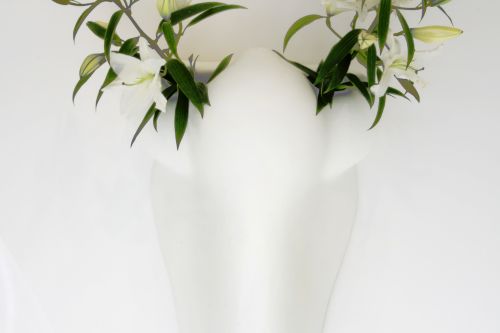 John Baldessari – Ear Sofa; Nose Sconces with Flowers (In Stage Setting) – London