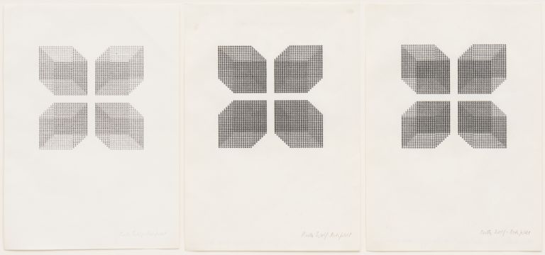 Ruth Wolf-Rehfeldt
Kuben, Kästen, Käfige, 1979
Original typewriting and carbon copies, three elements
29.5 × 21 cm (each)
11 5/8 × 8 1/4 inches (each)
48 × 83.2 × 3 cm (framed)
19 × 32 3/4 × 1 1/8 inches (framed)
Courtesy: the artist and ChertLüdde
