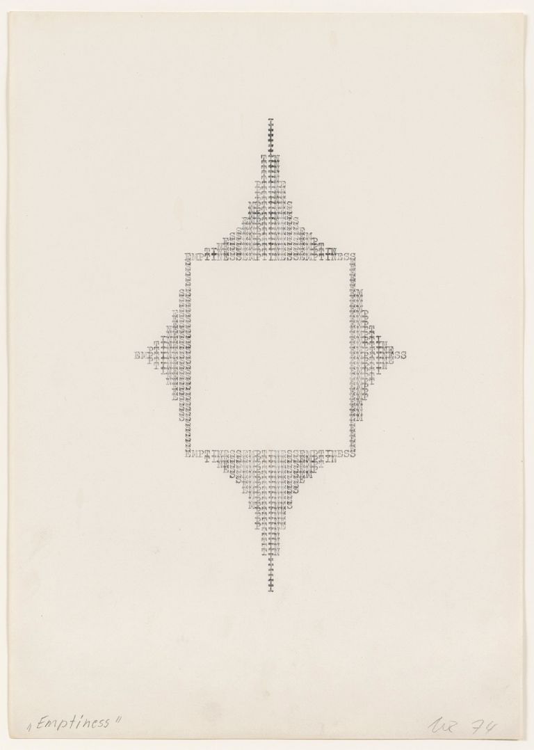 Ruth Wolf-Rehfeldt
Emptiness, 1974
Carbon copy of original typewriting
29.5 &times; 21 cm
11 5/8 &times; 8 1/4 inches
47.5 &times; 38.8 &times; 3 cm (framed)
18 3/4 &times; 15 1/4 &times; 1 1/8 inches (framed)
Courtesy: the artist and ChertL&uuml;dde