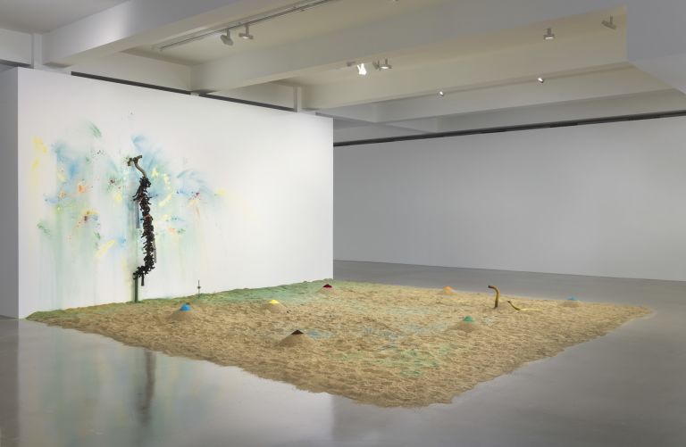 Senga Nengudi
Sandmining B, 2020
Sand, pigment, car parts, nylon mesh and sound
Sound piece by Lily Bea Moor, 'Only Love Can Make It Right' (2020)
Trumpet Composition: Butch Morris
Action Verbs: Senga Nengudi
Masking It Riff: Sanza Pyatt Fittz
Dimensions variable