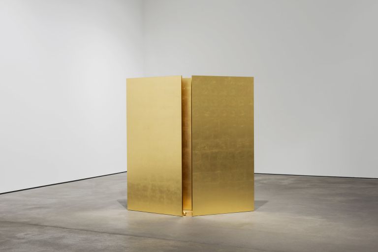 Haris Epaminonda
Untitled #01 a/j, 2020
Brass gilding on wooden panels and two spheres with gilding on wood 
Overall Dimensions: 192 × 181 × 48,3 cm 
Two spheres: 5 × 5 × 5 cm and 12 × 12 × 12 cm
Overall Dimensions: 75 5/8 × 71 1/4 × 19 inches
Two spheres: 2 × 2 × 2 inches and 4 3/4 × 4 3/4 × 4 3/4 inches
Edition unique