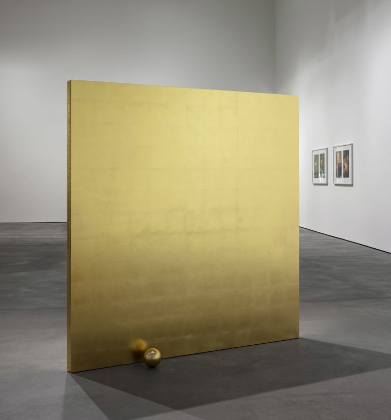 Haris Epaminonda
Untitled #01 a/j, 2020
Brass gilding on wooden panels and two spheres with gilding on wood 
Overall Dimensions: 192 × 181 × 48,3 cm 
Two spheres: 5 × 5 × 5 cm and 12 × 12 × 12 cm
Overall Dimensions: 75 5/8 × 71 1/4 × 19 inches
Two spheres: 2 × 2 × 2 inches and 4 3/4 × 4 3/4 × 4 3/4 inches
Edition unique