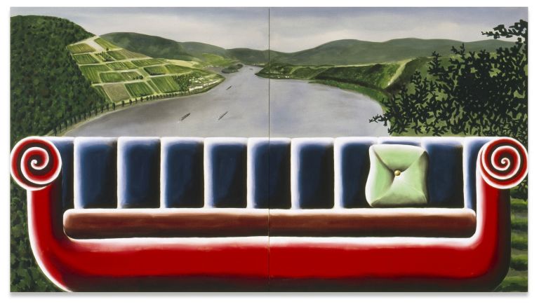 Andreas Schulze
Untitled (Sofa with vineyard II), 2003
Acrylic on nettle cloth
200 &times; 360 cm (2-teilig)
78 3/4 &times; 141 3/4 inches (2 parts)