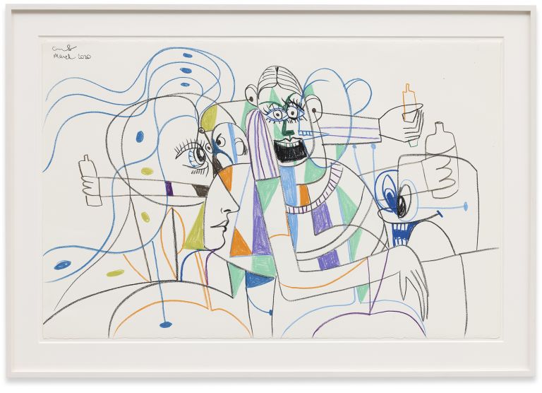 George Condo
Seated Drinkers, 2020
Wax crayon on paper
66 &times; 101.6 cm
26 &times; 40 inches