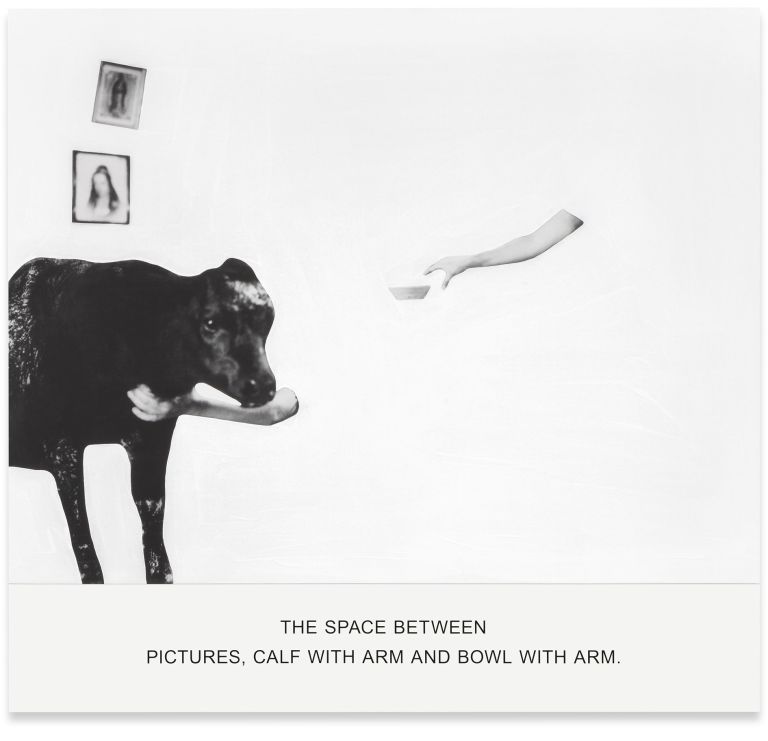 John Baldessari
The Space Between Pictures, Calf With Arm and Bowl With Arm., 2019
Varnished inkjet prints on canvas with acrylic paint
137.5 &times; 146.4 &times; 3.8 cm
54 1/8 &times; 57 5/8 &times; 1 1/2 inches