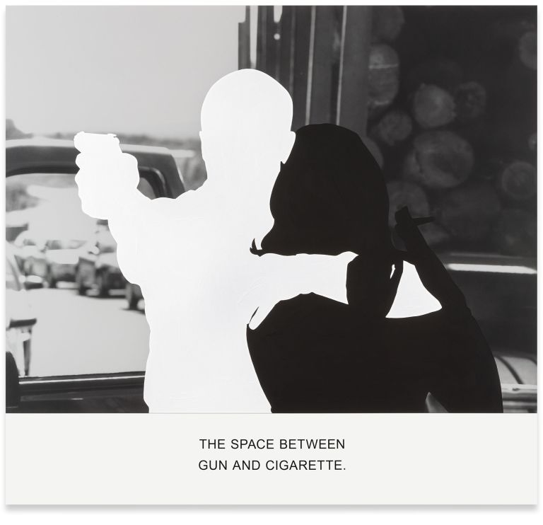 John Baldessari
The Space Between Gun and Cigarette., 2019
Varnished inkjet prints on canvas with acrylic paint
137.5 &times; 146.4 &times; 3.8 cm
54 1/8 &times; 57 5/8 &times; 1 1/2 inches
