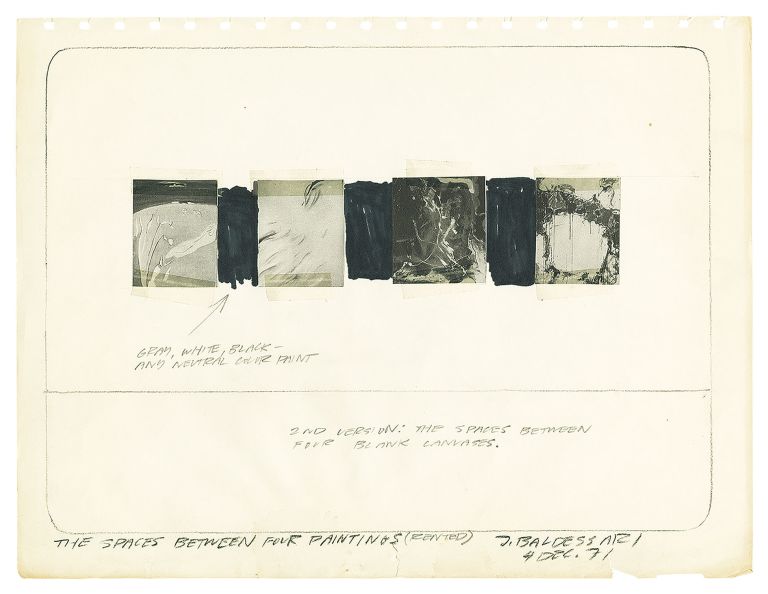 John Baldessari
Study for The Spaces Between Four Paintings (Rented), 1971
Black-and-white photocopy, pencil, ink marker, and tape on paper
27.3 &times; 35.6 cm
10 3/4 &times; 14 inches