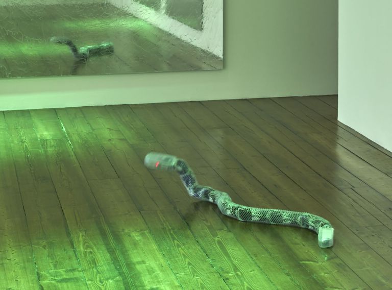 Pamela Rosenkranz
Healer (Anamazon), 2021
Robot, circuit board control units, battery, 3D printed head and tail, kirigami skin, 17 LED projectors, light control, Amazon Alexa speaker, iPod, sound
Robot snake: 132 &times; 6 cm
Dimensions variable
Robot snake: 52 &times; 2 3/8 inches
Dimensions variable