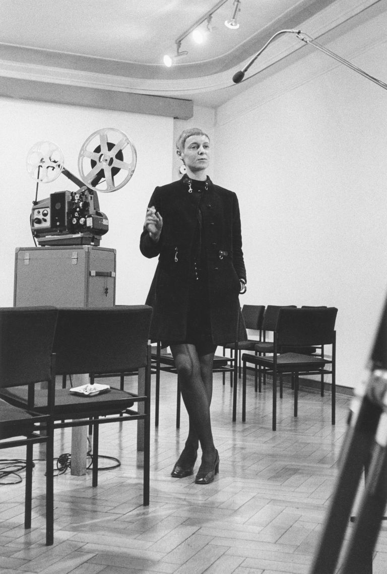 Hanne Darboven during the premiere of her film Six books on 1968, St&auml;dtisches Museum M&ouml;chengladbach, 1969 
Archive of the Hanne Darboven Foundation, Hamburg. Photo: Alfred Weber