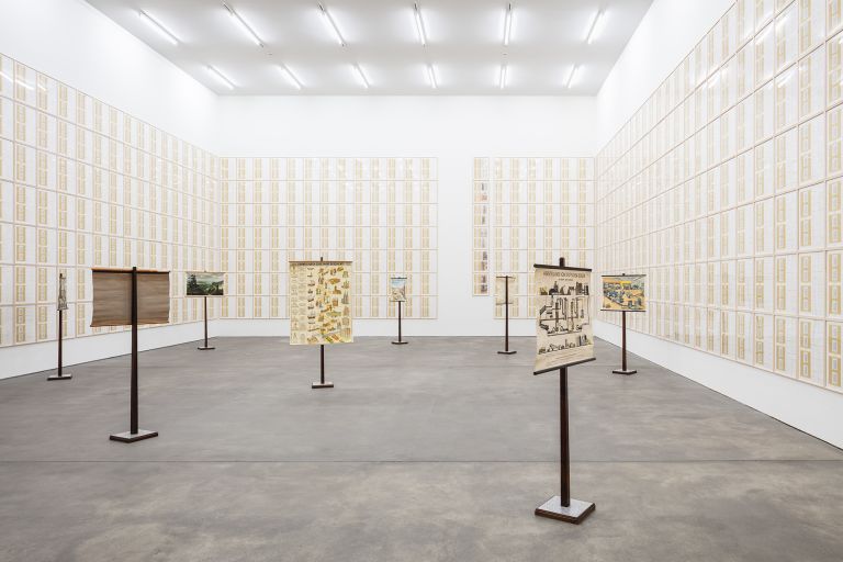 Hanne Darboven
Erdkunde I, II, III / Geography I, II, III, 1986
Collage (photocopies, photographs), offset printing, felt-tip pen and pencil on paper
723 panels, each 70 &times; 50 cm
723 panels, each 27 5/8 &times; 19 3/4 inches
10 classroom maps with tripods
