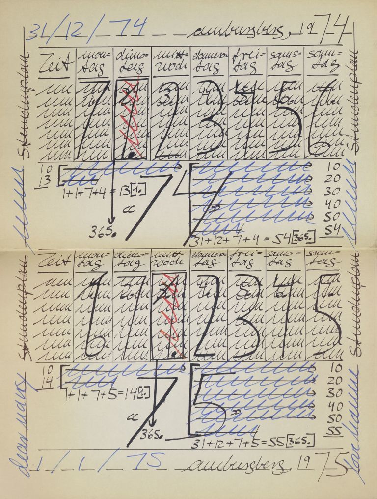 Hanne Darboven
Stundenplan / Timetable, 1975
Offset and felt tip pen on paper
42 × 29.5 cm
16 1/2 × 11 5/8 inches