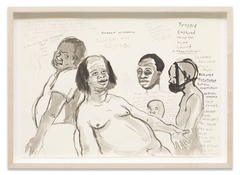Kara Walker
Eunich and Prot&eacute;g&eacute;, 2018
Graphite and ink on paper
33 &times; 48.3 cm
13 &times; 19 inches
