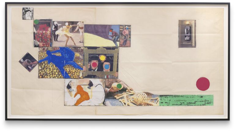 John Baldessari
Hope (Blue) Supported by a Bed of Oranges (Life): Amid a Context of Allusions (Maquette), 1991
Color photographs, gouache, wax pencil, stickers and tape on graph paper 
69.9 &times; 137.8 cm
27 1/2 &times; 54 1/4 inches