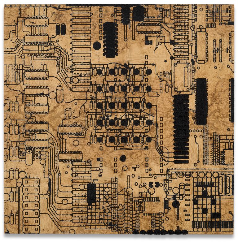 Analia Saban
Circuit Board with Deliberate Lines #1, 2023
Ink on ash burl wood
182.9 &times; 182.9 &times; 5.1 cm
72 &times; 72 &times; 2 inches