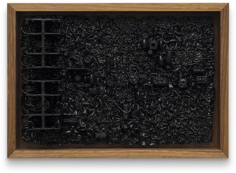 Analia Saban
Motherboard #17, 2023
Ink on computer circuit board
18.7 &times; 26.7 &times; 7.6 cm (framed)
7 3/8 &times; 10 1/2 &times; 3 inches (framed)