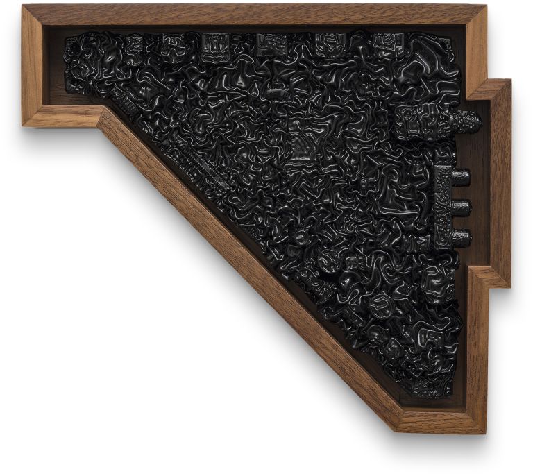Analia Saban
Motherboard #18, 2023
Ink on computer circuit board
20 &times; 22.9 &times; 5.1 cm (framed)
7 7/8 &times; 9 &times; 2 inches (framed)