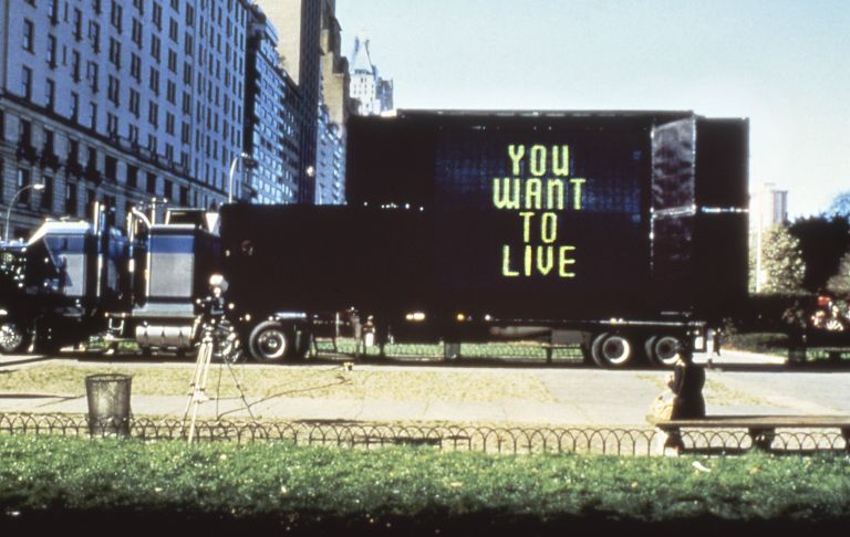 Jenny Holzer
Sign on a Truck, 1984
Truck-mounted video sign
410.2 x 549.9 cm (screen)
161 1/2 x 216 1/2 inches (screen)
Installation: Grand Army Plaza, New York
© 1984 Jenny Holzer, member Artists Rights Society (ARS), NY
Photo: Kevin Noble