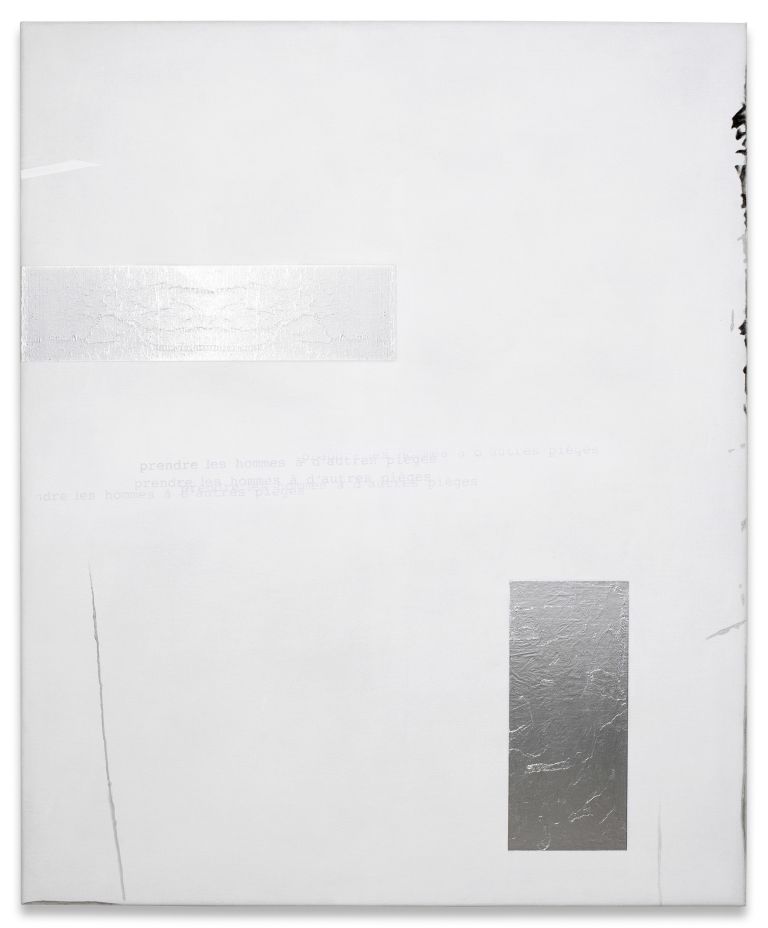 Astrid Klein
Untitled (prendre les hommes &agrave; d'autres pi&egrave;ges), 1988&ndash;93
Acrylic, gypsum alabaster, mirror film, zinc white on canvas
165 &times; 135 cm
65 &times; 53 1/8 inches