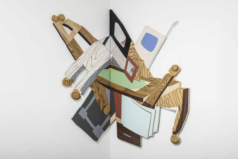 Richard Artschwager
Splatter Office, 2000
Acrylic on wood, formica, aluminium (two parts)
143 &times; 80 &times; 2 cm | 56 1/4 &times; 31 1/2 &times; 7/8 inches (left side)
150 &times; 108 &times; 2 cm | 59 &times; 42 1/2 &times; 7/8 inches (right side)