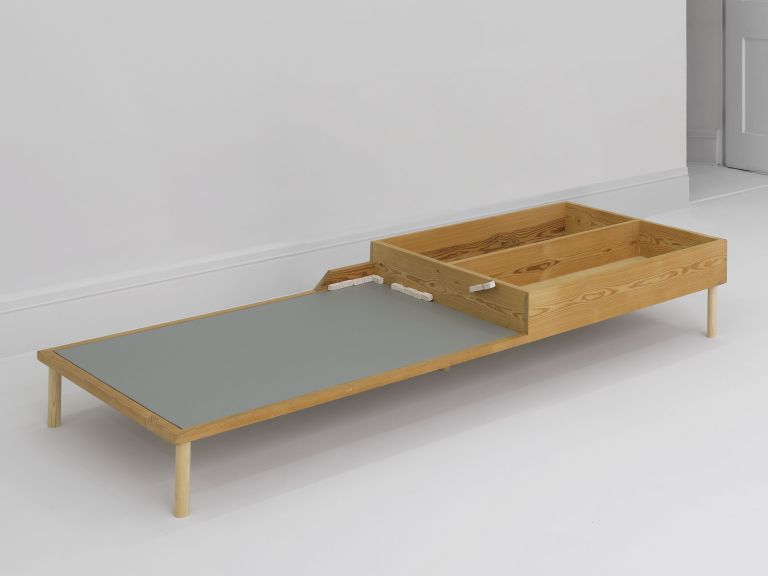 Thea Djordjadze
Cease to matter, 2009
Wood, linoleum, clay
36.2 &times; 200 &times; 90 cm | 14 1/4 &times; 78 3/4 &times; 35 3/8 inches