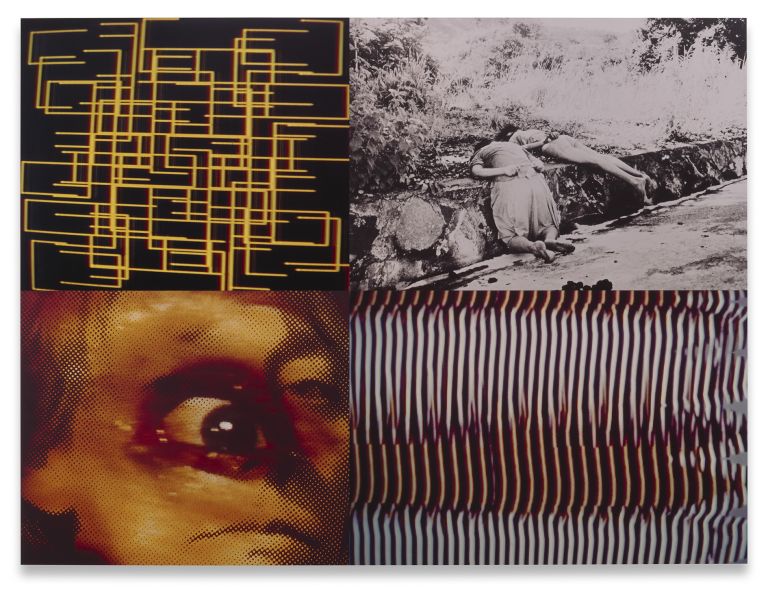 Gretchen Bender
Gremlins, 1984
Four dye-sublimation prints mounted on Dibond, top right photograph by&nbsp;John Hoagland:&nbsp;Two young girls found alongside the highway to Comalapa Airport, April 1980
130.8 x 174 cm | 51 1/2 x 68 1/2 inches
Edition of 6 + 1 AP