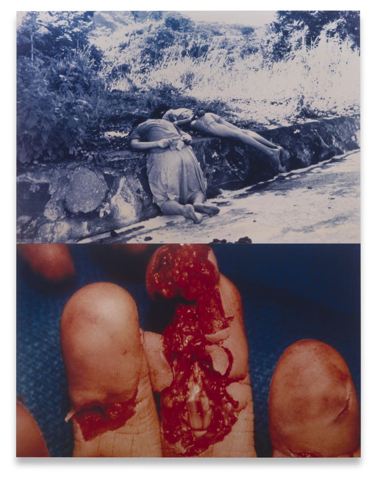 Gretchen Bender
Untitled (Hell Raiser), 1988&ndash;91
Two dye-sublimation prints, top photograph by&nbsp;John Hoagland:&nbsp;Two young girls found alongside the highway to Comalapa Airport, April 1980
234.3 x 180.3 cm | 92 1/4 x 71 inches
Edition of 6 + 1 AP