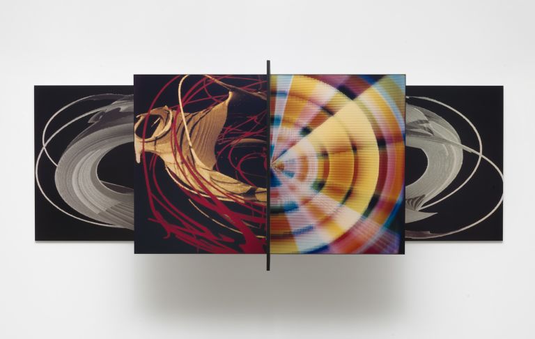 Gretchen Bender
Untitled (Daydream Nation), 1989
Twelve dye-sublimation prints mounted to armature
101.6 x 304.8 x 153.7 cm I 40 x 120 x 60 &frac12; inches
Edition of 6 + 1 AP
