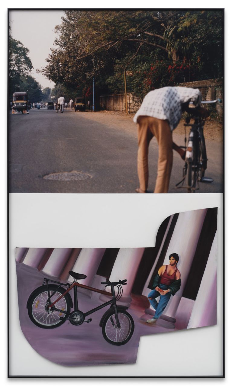 John Baldessari
Two Cyclists (Male), 1992
One color photograph with oil stick; oil enamel paint on Masonite (mounted on Formica)
148 &times; 87 &times; 3.8 cm | 58 1/4 &times; 34 1/4 &times; 1 1/2 inches (framed)