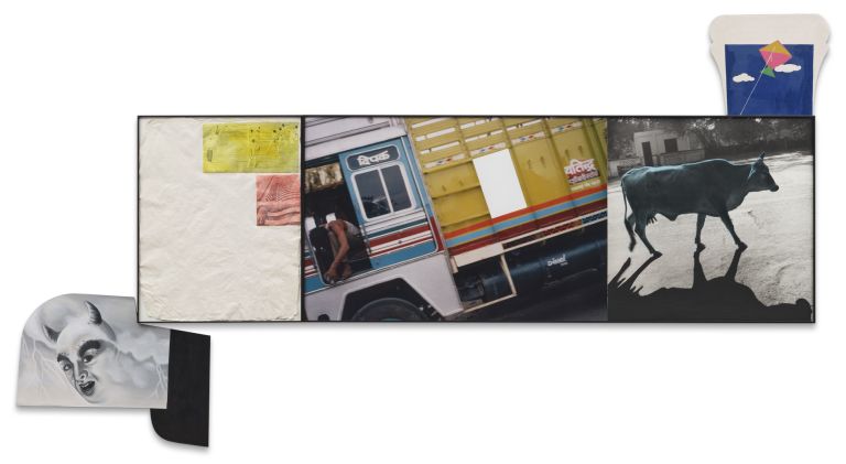 John Baldessari
Truck (with White Intrusion)/Cow (Blue), 1992
One black-and-white photograph with oil tint; one color photograph with acrylic paint; photocopy transfer on handmade paper with acrylic wash; oil enamel paint on rubber; oil enamel paint on Masonite (mounted on Formica)
181.6 &times; 340.4 cm (overall) | 71 1/2 &times; 134 inches (overall) (framed)