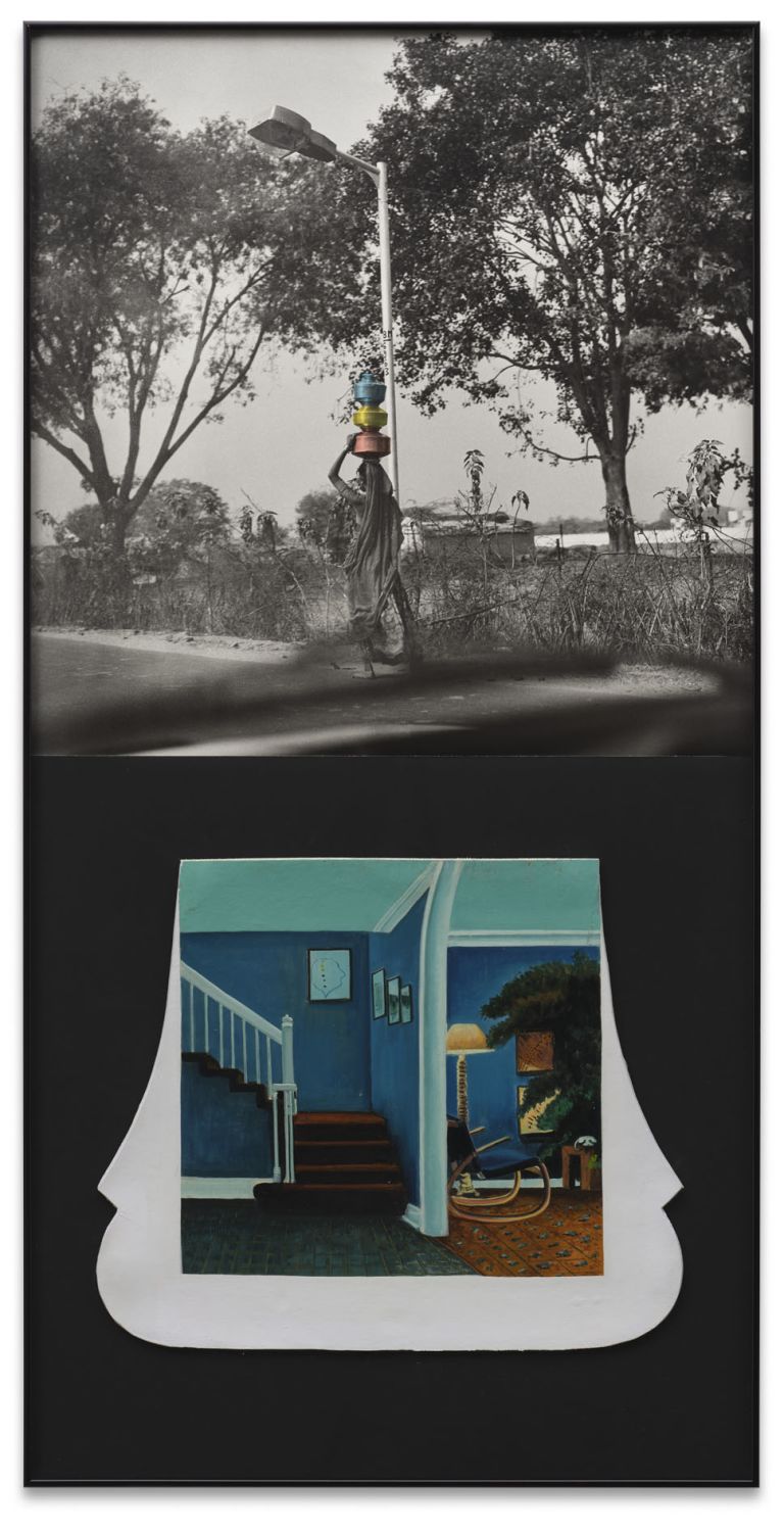 John Baldessari
Two Columns (One with Woman), 1992
One black-and-white photograph with oil tint; oil enamel paint on Masonite (mounted on Formica)
127.6 &times; 64.1 cm | 50 1/4 &times; 25 1/4 inches (framed)