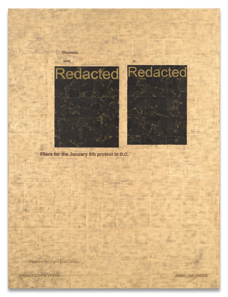 Jenny Holzer
Fliers, 2023
Text: US government document
24k gold and red gold leaf and oil on linen
147.3 &times; 111.8 &times; 3.8 cm | 58 &times; 44 &times; 1 1/2 inches