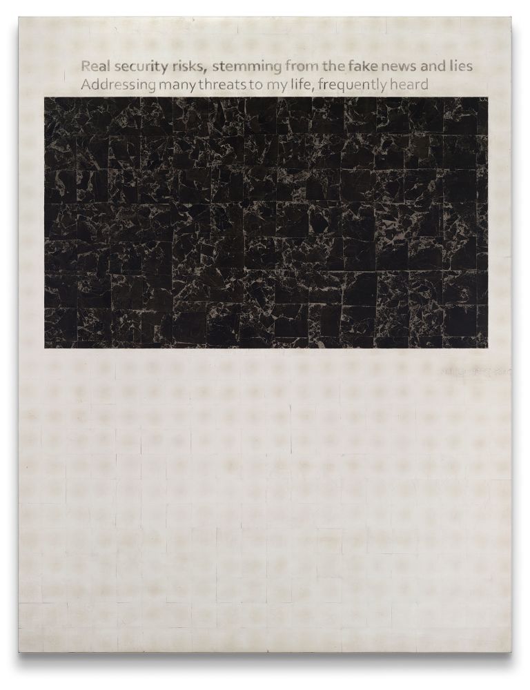 Jenny Holzer
fake news and lies, 2023
Caplain and platinum leaf and oil on linen
Text: U.S. government document
203.2 &times; 157.5 &times; 3.8 cm | 80 &times; 62 &times; 1 1/2 inches