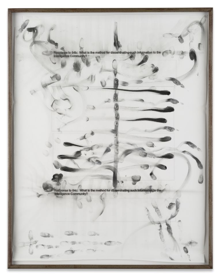 Jenny Holzer
method, 2024
Text: US government document
Carbon on tracing paper
70.5 &times; 54.9 cm | 27 3/4 &times; 21 5/8 inches
74.3 x 58.8 x 3.8 cm | 29 1/4 x 23 1/8 x 1 1/2 inches (framed)