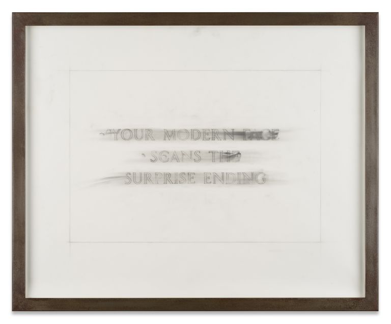 Jenny Holzer
Survival: Your modern face…, 2019&ndash;24
Text: Survival (1983&ndash;85)
Carbon on tracing paper
62.9 &times; 78.7 cm | 24 3/4 &times; 31 inches
69.2 &times; 85.1 &times; 3.8 cm | 27 1/4 &times; 33 1/2 &times; 1 1/2 inches (framed)