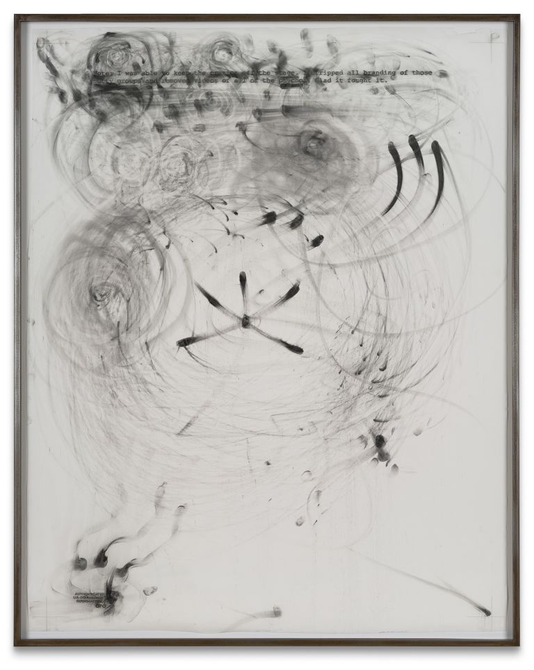 Jenny Holzer
crazies off, 2024
Text: US government document
Carbon on tracing paper
108 &times; 85.7 cm | 42 1/2 &times; 33 3/4 inches
111.8 &times; 89.5 &times; 3.8 cm | 44 &times; 35 1/4 &times; 1 1/2 inches (framed)