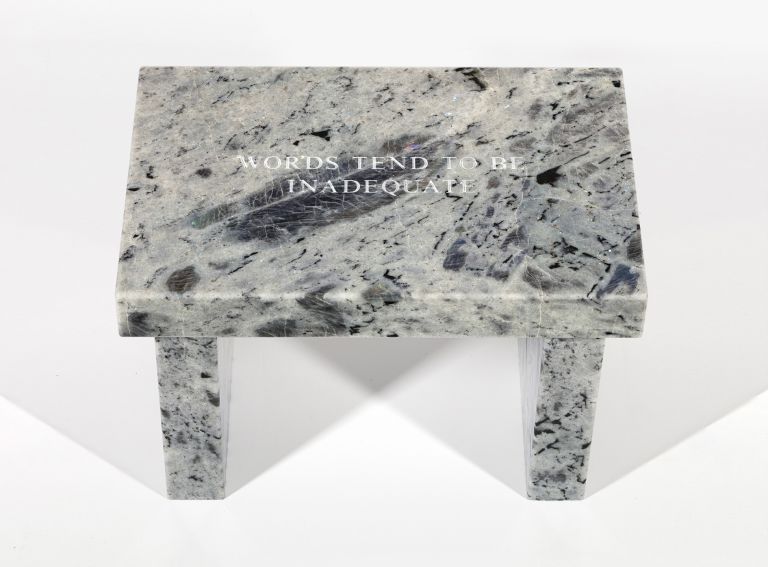 Jenny Holzer
Selection from Truisms: Words tend to…, 2020
Text: Truisms (1977&ndash;79)
White Labradorite footstool
43.2 &times; 63.5 &times; 40.6 cm | 17 &times; 25 &times; 16 inches
Edition 5 of 6