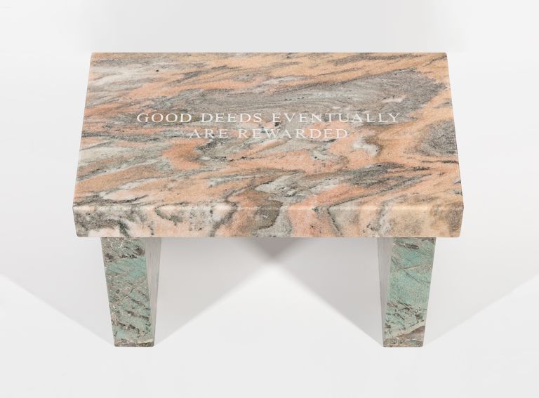 Jenny Holzer
Selection from Truisms: Good deeds…, 2024
Text: Truisms (1977&ndash;79)
Etowah Pink marble and Amazonite quartzite footstool
43.2 &times; 68.6 &times; 40.6 cm | 17 &times; 27 &times; 16 inches
Edition 4 of 6