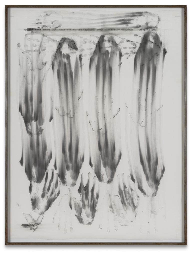 Jenny Holzer
at the Capitol, 2024
Text: US government document
Carbon on tracing paper
108.3 &times; 85.4 cm | 42 5/8 &times; 33 5/8 inches
113.7 &times; 86 &times; 3.8 cm | 44 3/4 &times; 33 7/8 &times; 1 1/2 inches (framed)