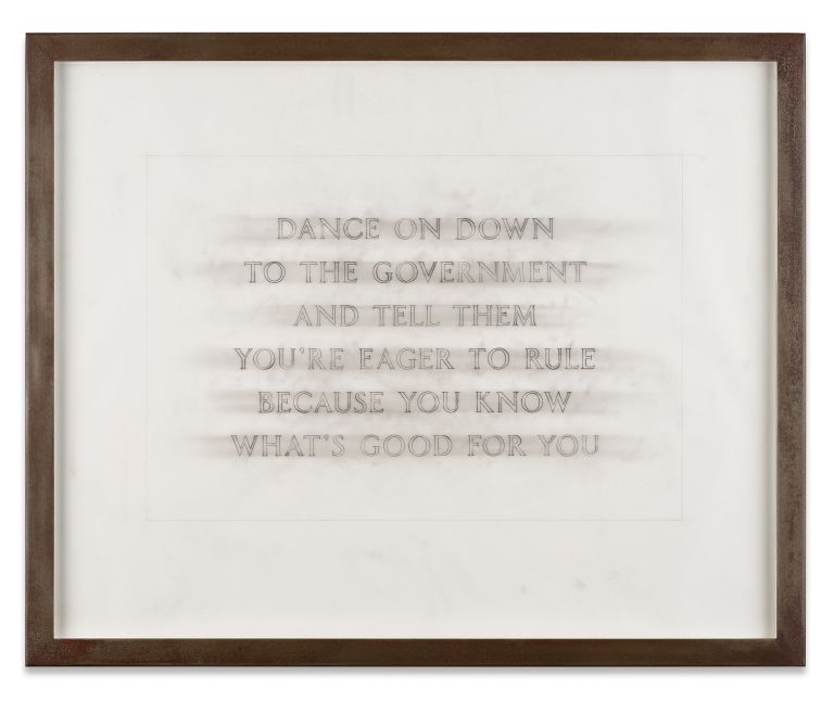 Jenny Holzer
Survival: Dance on down…, 2018&ndash;24
Text: Survival (1983&ndash;85)
Carbon on tracing paper
62.9 &times; 78.7 cm | 24 3/4 &times; 31 inches
69.9 &times; 85.1 &times; 3.8 cm | 27 1/2 &times; 33 1/2 &times; 1 1/2 inches (framed)