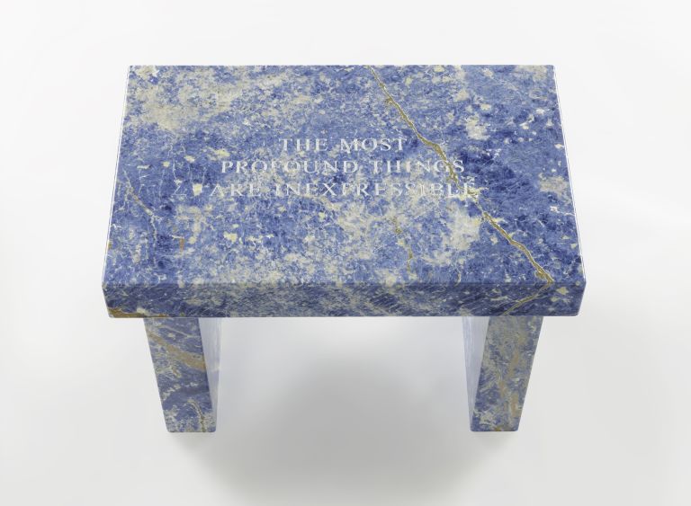 Jenny Holzer
Selection from Truisms: The most profound…, 2015
Text: Truisms (1977&ndash;79)
Sodalite Blue footstool
43.2 &times; 63.5 &times; 40.6 cm | 17 &times; 25 &times; 16 inches
Edition 4 of 6
