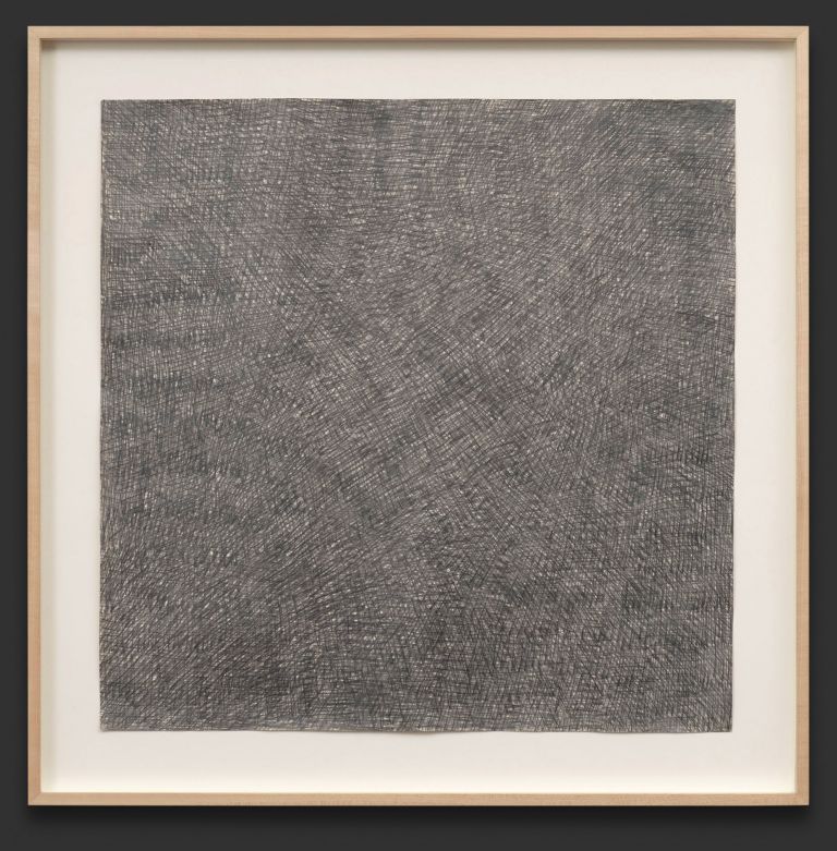 Anthony McCall
Pencil Duration 
On verso: ‘no. 3, short strokes, 2 x in from each corner ((medium pressure) December 17th, 1973), 1973
Graphite on paper
76.2 × 76.2 cm | 30 × 30 inches
93.5 × 93.5 cm | 36 7/8 × 36 7/8 inches (framed)
