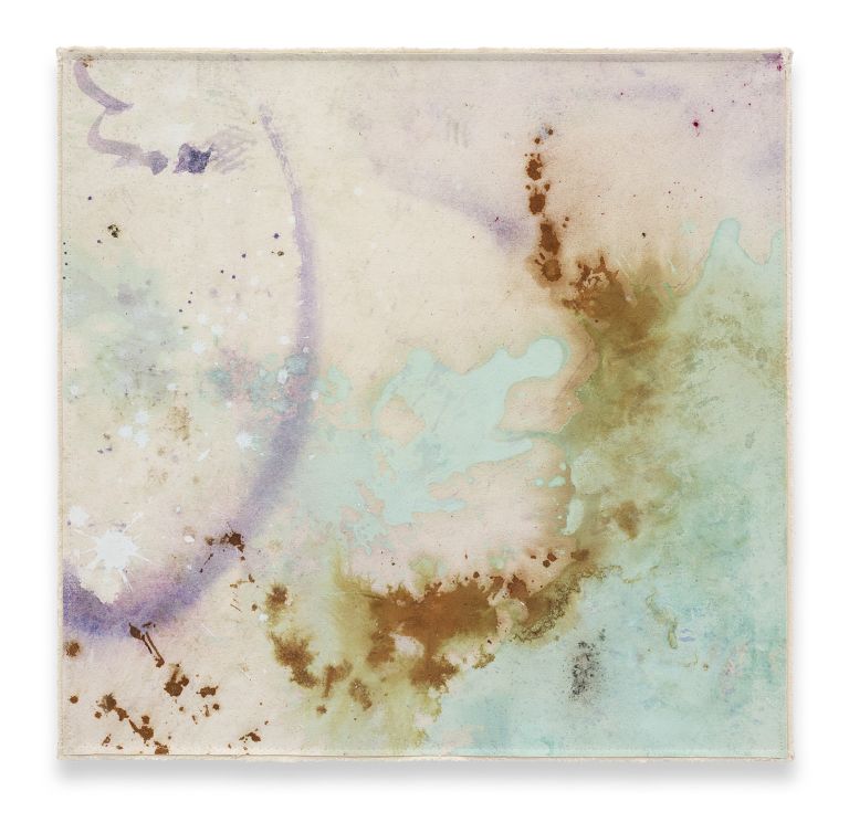 Lucy Dodd
Passage, 2024
Flower essences of gorse, dandelion, lily of the valley, bluebell and forget-me-not, copper ink, iron oxide, blue and green spirulina, black and green tea, butterfly pea powder, stickyweed, seaweed, avocado, onion skins, hematite, smalt, cochineal, and acrylic pigments
69 &times; 70 cm | 27 1/8 &times; 27 5/8 inches