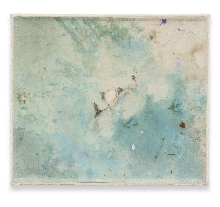 Lucy Dodd
Gem of the North Sea, 2024
Flower essences of gorse, dandelion, lily of the valley, bluebell and forget-me-not, copper ink, iron oxide, blue and green spirulina, black and green tea, butterfly pea powder, stickyweed, seaweed, avocado, onion skins, hematite, smalt, cochineal, and acrylic pigments
34 &times; 40 cm | 13 3/8 &times; 15 3/4 inches