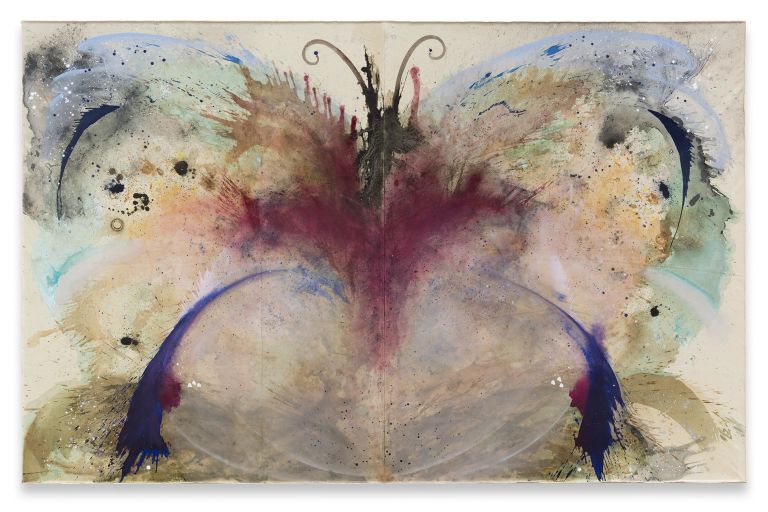 Lucy Dodd
Becoming Butterfly, 2025
Dye from avocado pits, onion skins, green tea, black tea, iron oxide ink, copper ink, blackberries, buckthorn berries, dye from coreopsis flowers, marigolds, shaggy ink cap mushroom, hematite, cochineal, green spirulina, North Sea water
237 &times; 366 cm | 93 1/4 &times; 144 inches