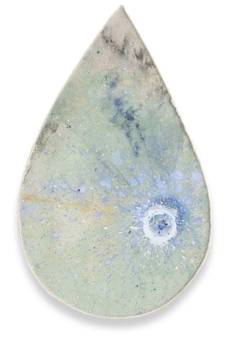 Lucy Dodd
Sea Drop, 2024
Flower essences of gorse, dandelion, lily of the valley, bluebell and forget-me-not, copper ink, iron oxide, blue and green spirulina, black and green tea, butterfly pea powder, stickyweed, seaweed, avocado, onion skins, hematite, smalt, cochineal, and acrylic pigments
49 &times; 80 cm | 19 1/4 &times; 31 1/2 inches