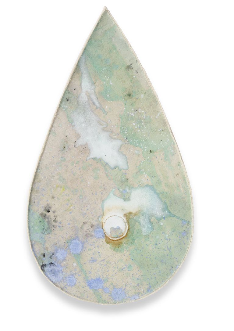 Lucy Dodd
Sea Drop, 2024
Flower essences of gorse, dandelion, lily of the valley, bluebell and forget-me-not, copper ink, iron oxide, blue and green spirulina, black and green tea, butterfly pea powder, stickyweed, seaweed, avocado, onion skins, hematite, smalt, cochineal, and acrylic pigments
46 &times; 83 cm | 18 &times; 32 3/4 inches