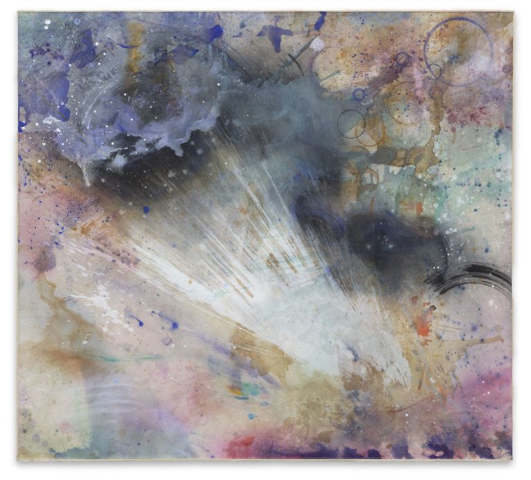 Lucy Dodd
Activate Galactic Origin, 2024
Flower essences of gorse, dandelion, lily of the valley, bluebell and forget-me-not, copper ink, iron oxide, blue and green spirulina, black and green tea, butterfly pea powder, stickyweed, seaweed, avocado, onion skins, hematite, smalt, cochineal, and acrylic pigments
177 &times; 196 cm | 69 3/4 &times; 77 1/8 inches