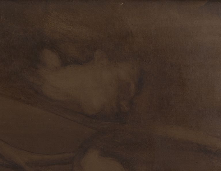 Dark abstract artwork in gold frame, featuring muted brown tones with shadowy forms and minimal detail.